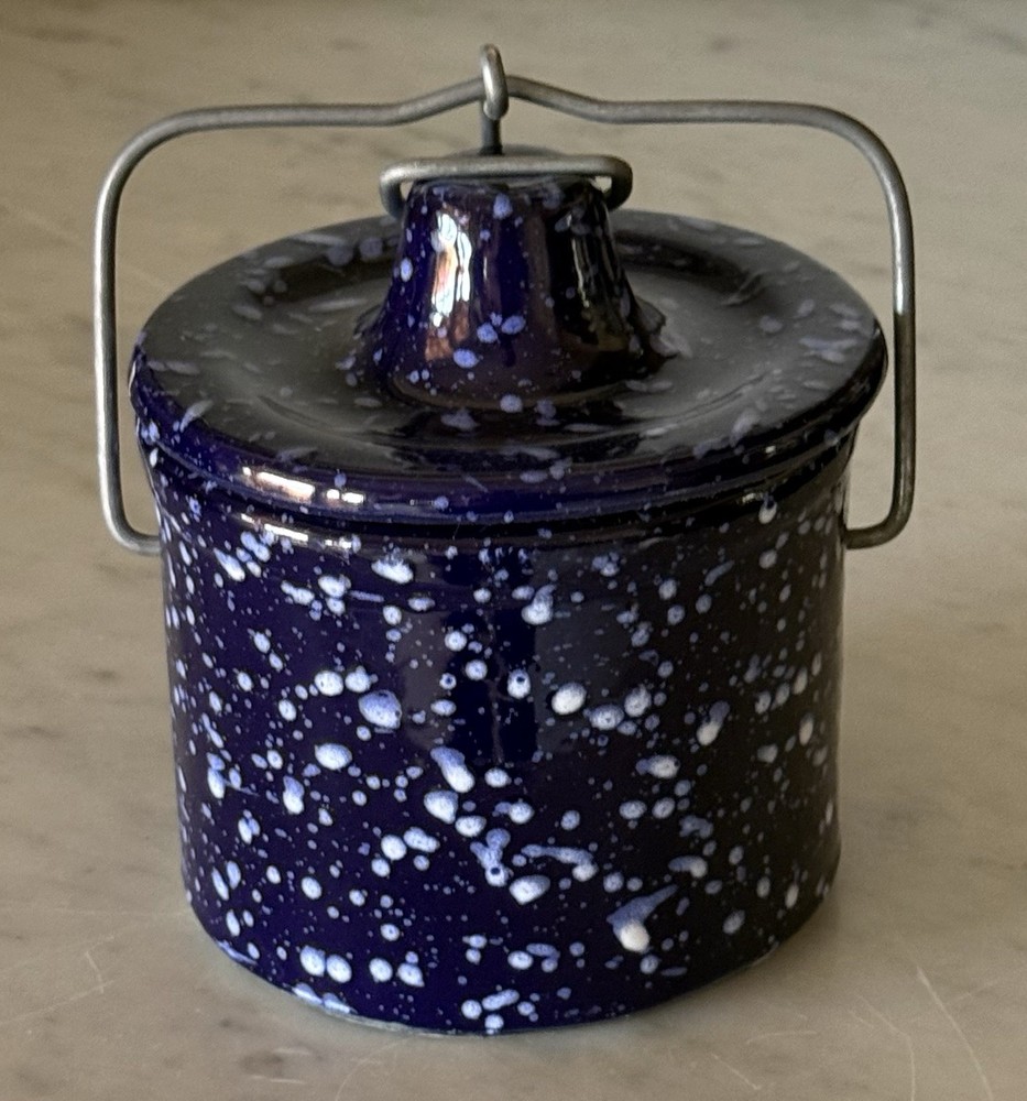 Vintage Blue & White Speckled Stoneware Crock w/ Hinged Metal Bail Locking Lid