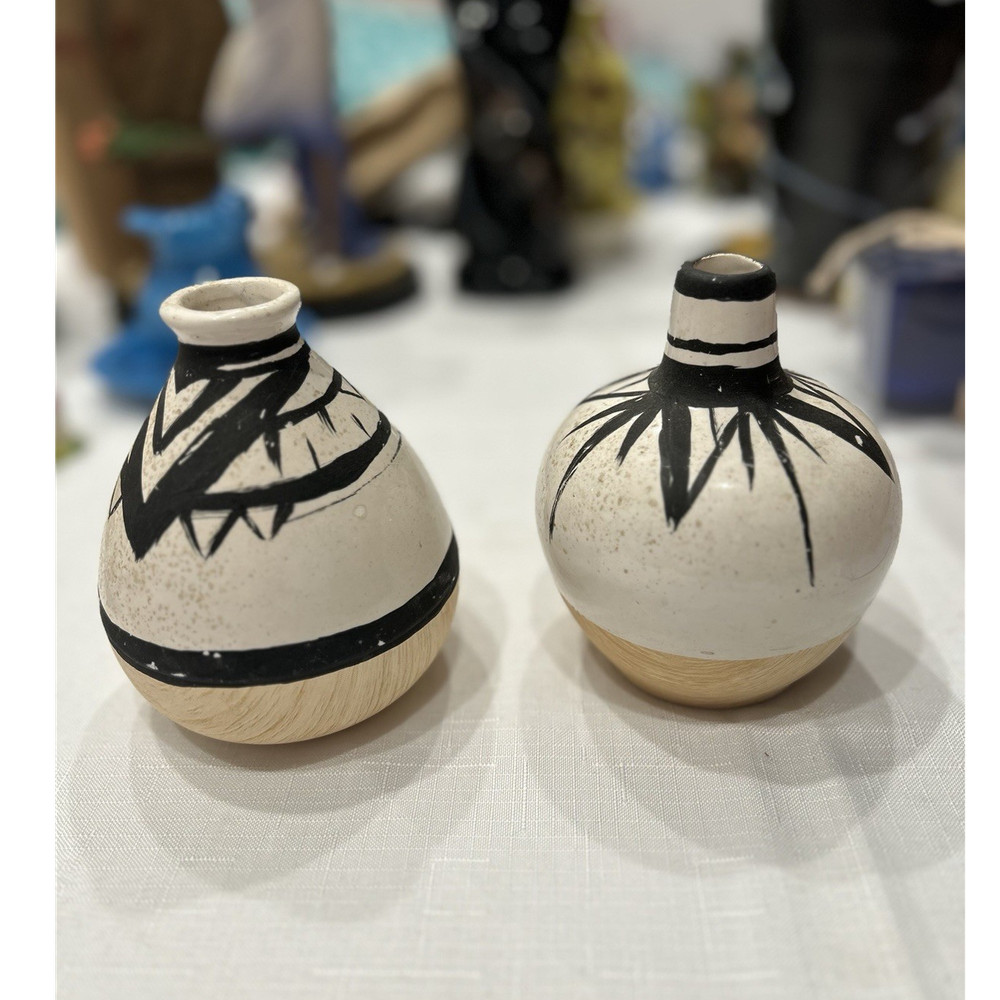 Handmade Ceramic Vase Set, Abstract Art Pottery, White Black Beige, Matte Finish
