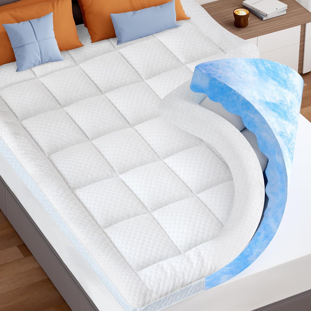 Dual Layer 3 Inch Memory Foam Queen Mattress Topper with 2 Inch Cooling 7-Zone Gel Support