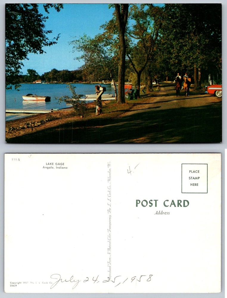 Vintage Lake Gage Angola Indiana Postcard 1957 L. L. Cook Co. Horseback Riders