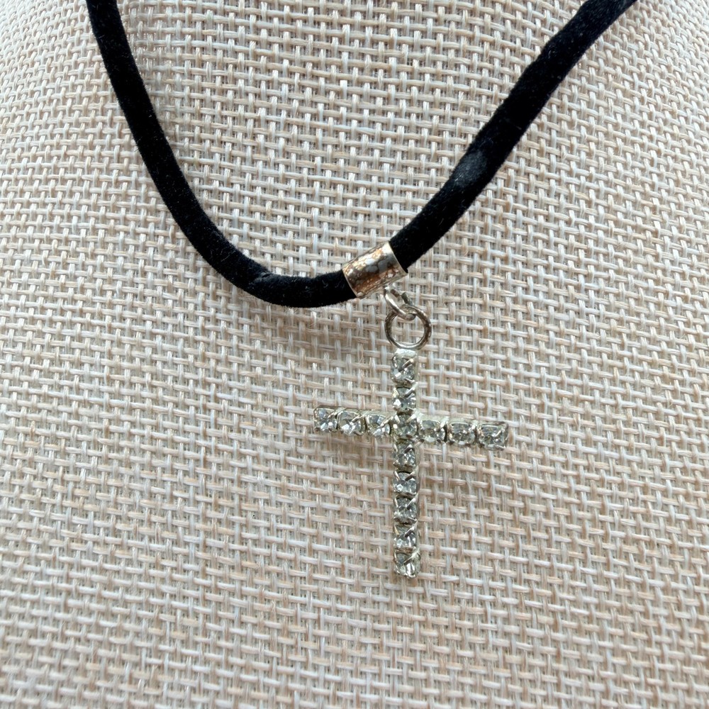 Vintage 90s Silver Tone Clear Glass Cross Pendant Necklace Black Cord Choker 90s