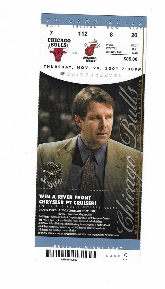 Chicago Bulls vs Miami Heat Unused Basketball Ticket from 11/29/2001