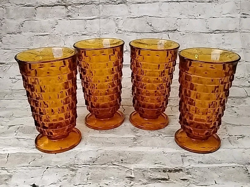 Indiana Whitehall Colony Cubist Amber Glass Footed Iced Tea Tumbler Set of 4 VTG