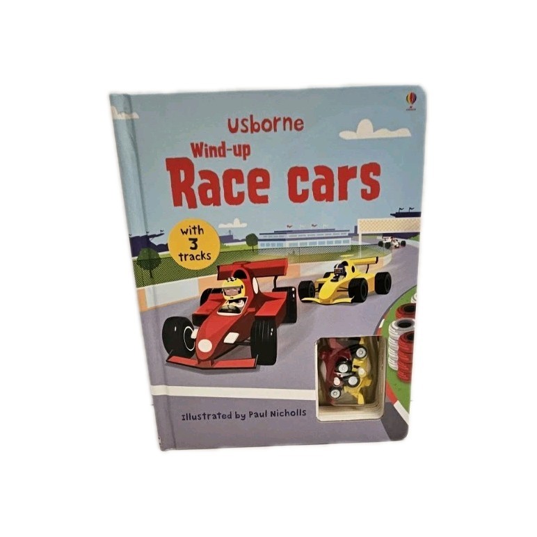 Usborne Race Cars Interactive Book With 2 Wind-Up Race Cars with 3 Tracks