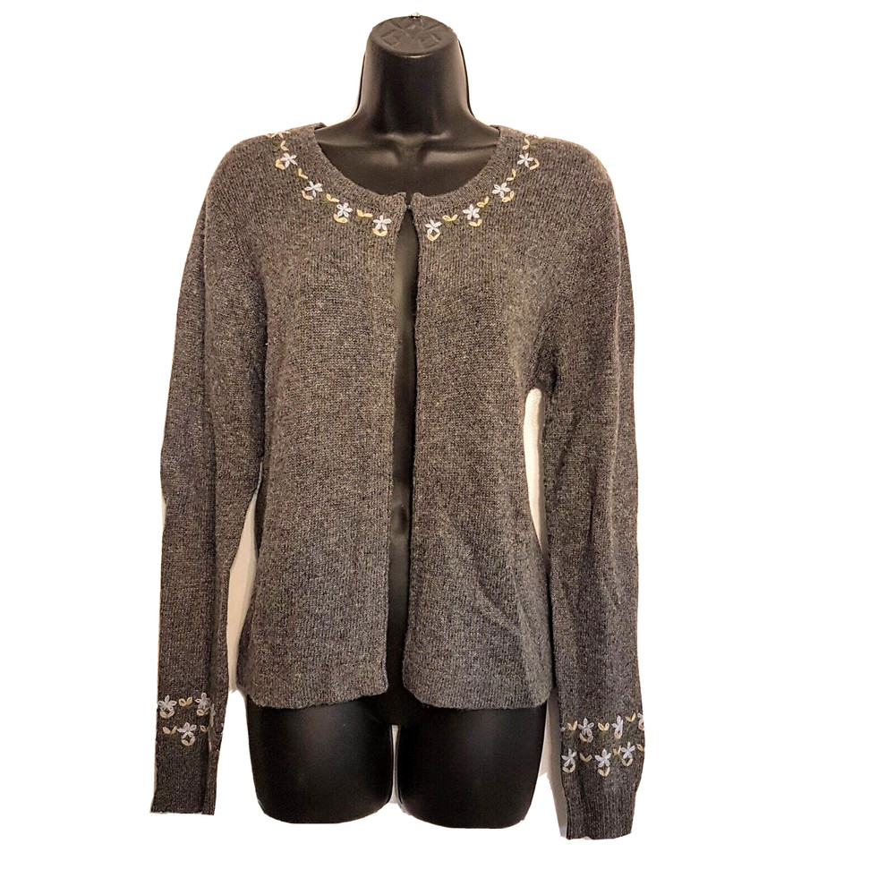 Route 66 Gray Embroidered Cardigan SWEATER Stretch Knit size Small Wool Blend