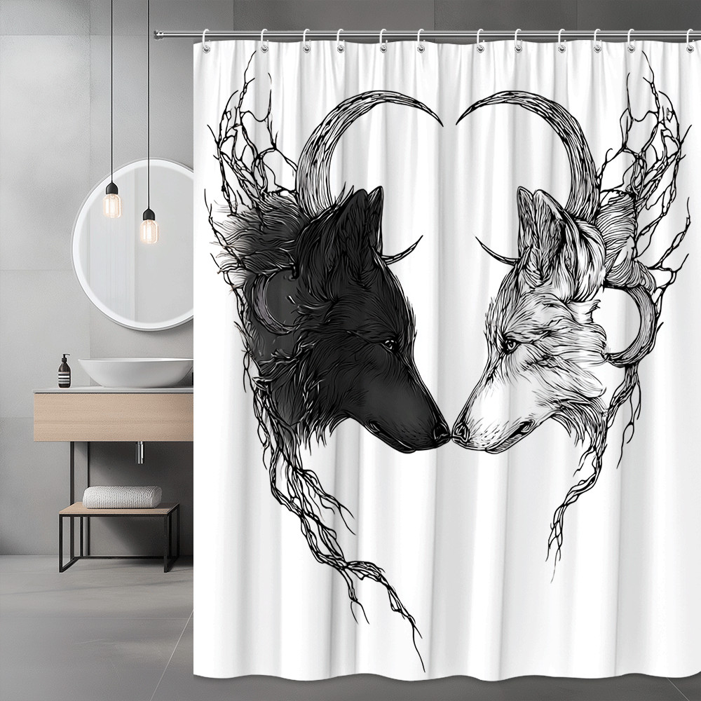 Wolf Heads Black White Graphic Shower Curtain