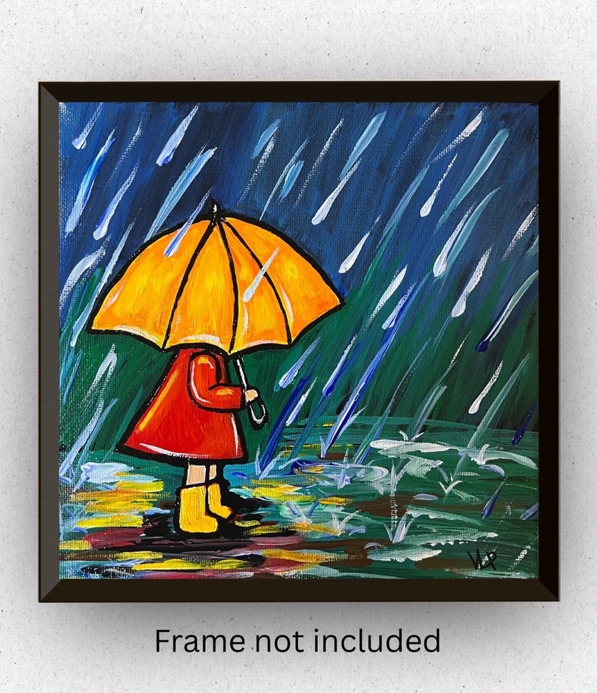 Rainy Day Child Yellow Umbrella Expressionism VLP Original Acrylic 8x8” Canvas
