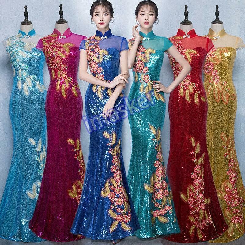 Womens Chinese Embroidery Cheongsam Dress Sequin Qipao Dress Evening Party Gown