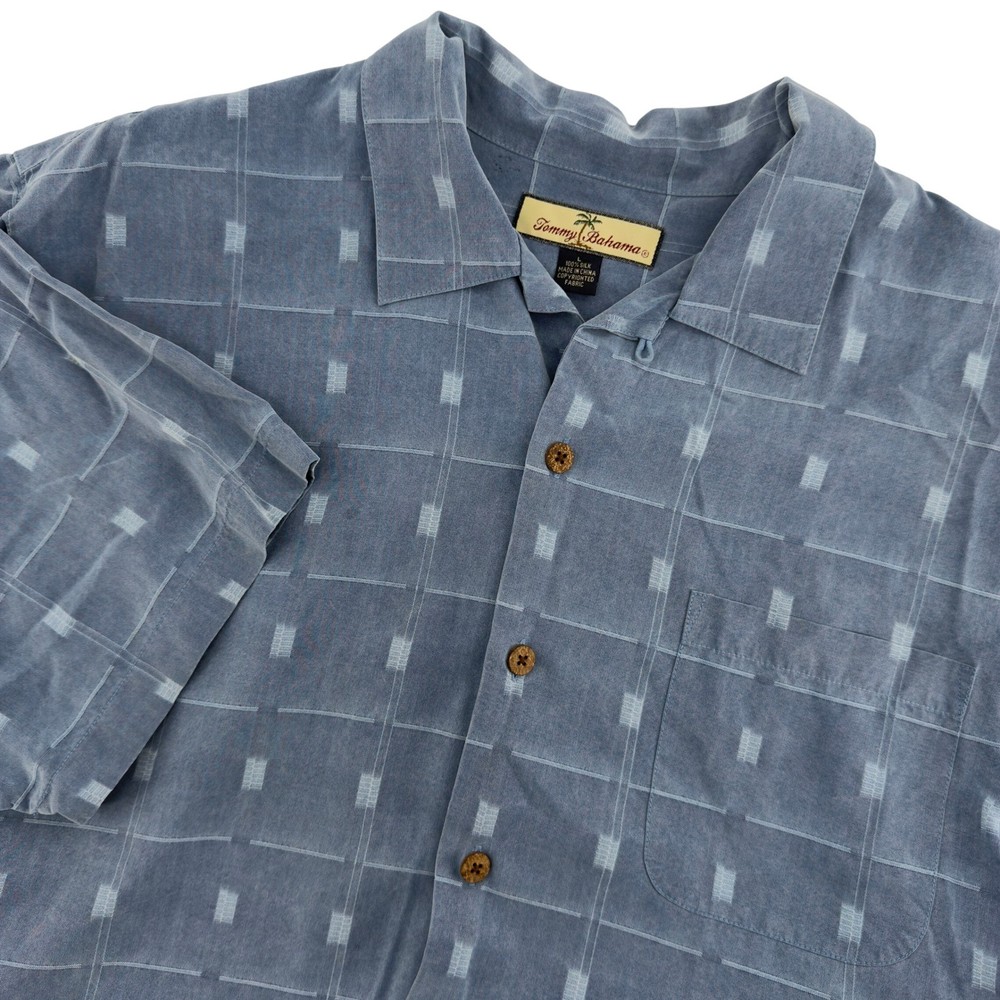 Tommy Bahama Mens Blue 100% Silk Geometric Grid Short Sleeve Camp Shirt Large