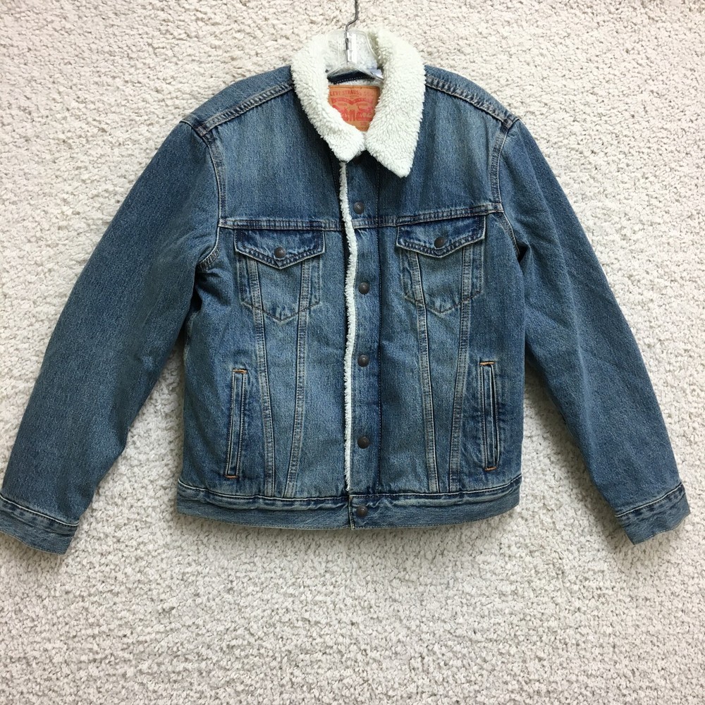 Levis Jacket Medium Adult Blue Denim Lined Fleece Trucker Medium Wash Mens M
