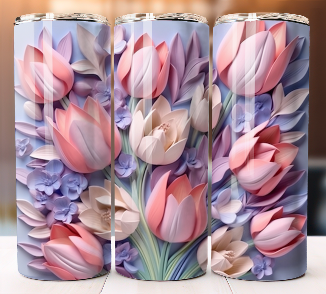Tulips Floral Bloom Patterly Flowers Tumbler 20oz Skinny Cup Mug Lid w/ Straw
