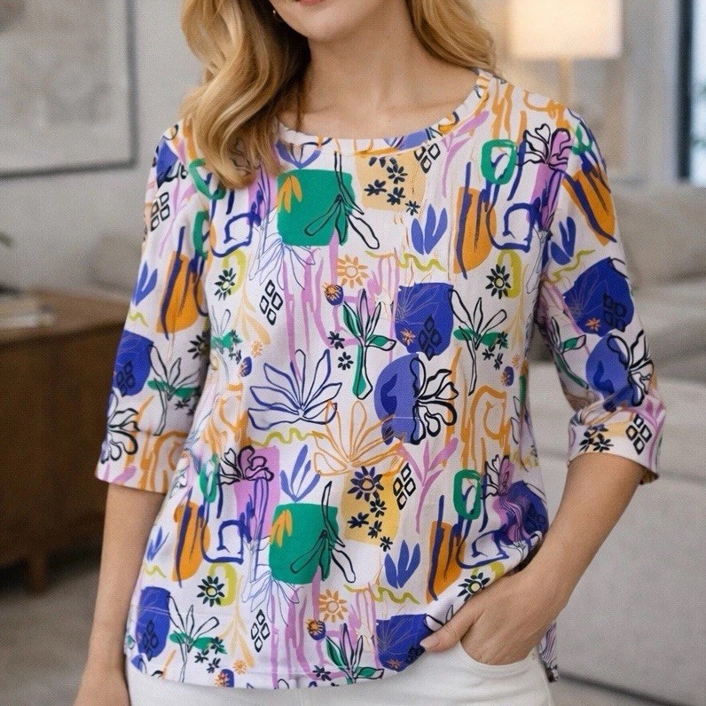 Chico’s Tee Top Sz 2 Large Women’s Surreal Jewel Neck Multicolor Pima Casual