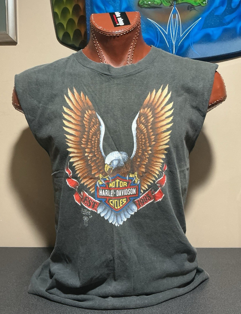 Vintage 1980's 3D Emblem Harley-Davidson Spread Eagle sleeveless t-shirt 3D tag