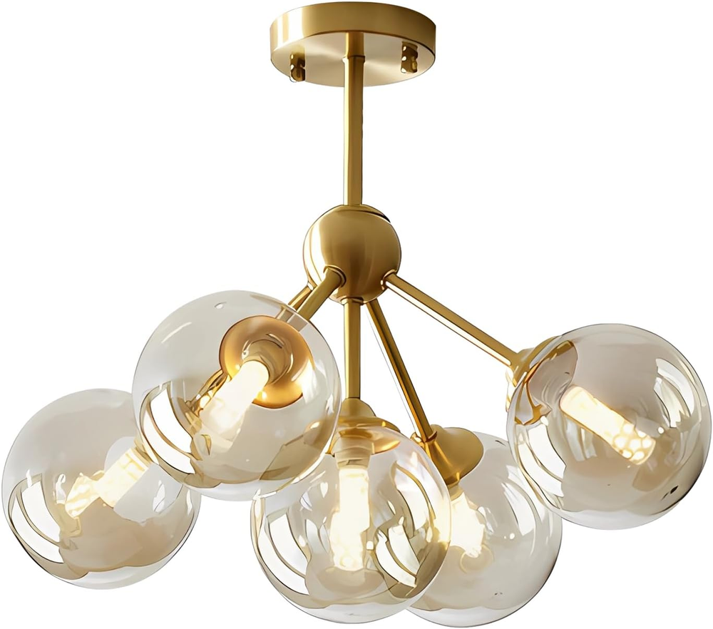 5-Light Amber Glass Globe Chandelier in Brush Gold Semi-Flush Mount