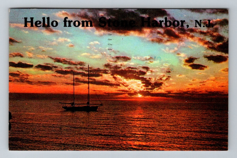 Stone Harbor, NJ-New Jersey, Sailboat Sunset Greetings Vintage c1982 Postcard