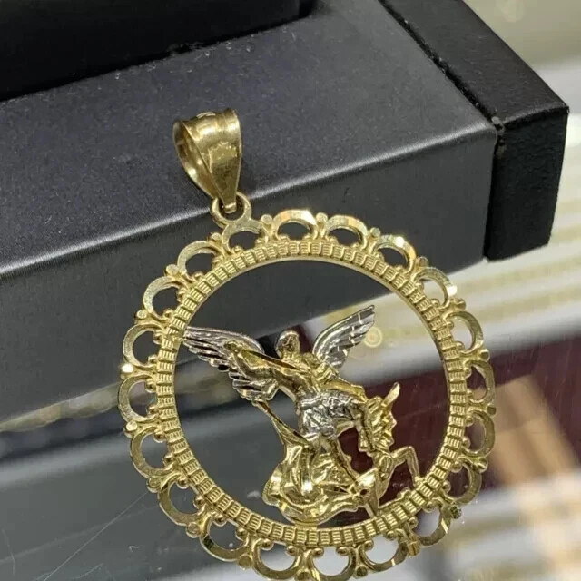 14K Yellow Gold Plated 925 Sterling Silver Saint Michael Art Deco Men's Pendant