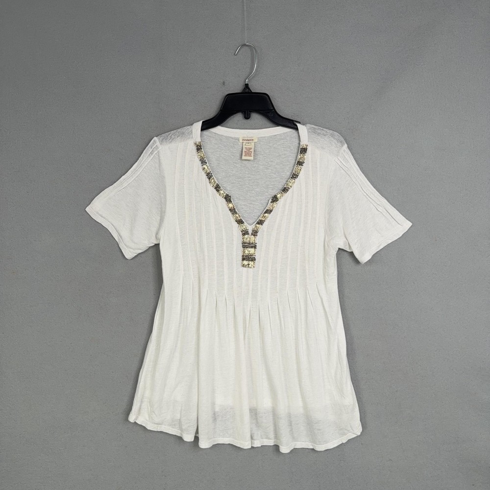 Sundance Blouse Womens Small White Beaded V Neck Pleated Tunic Linen Boho Top