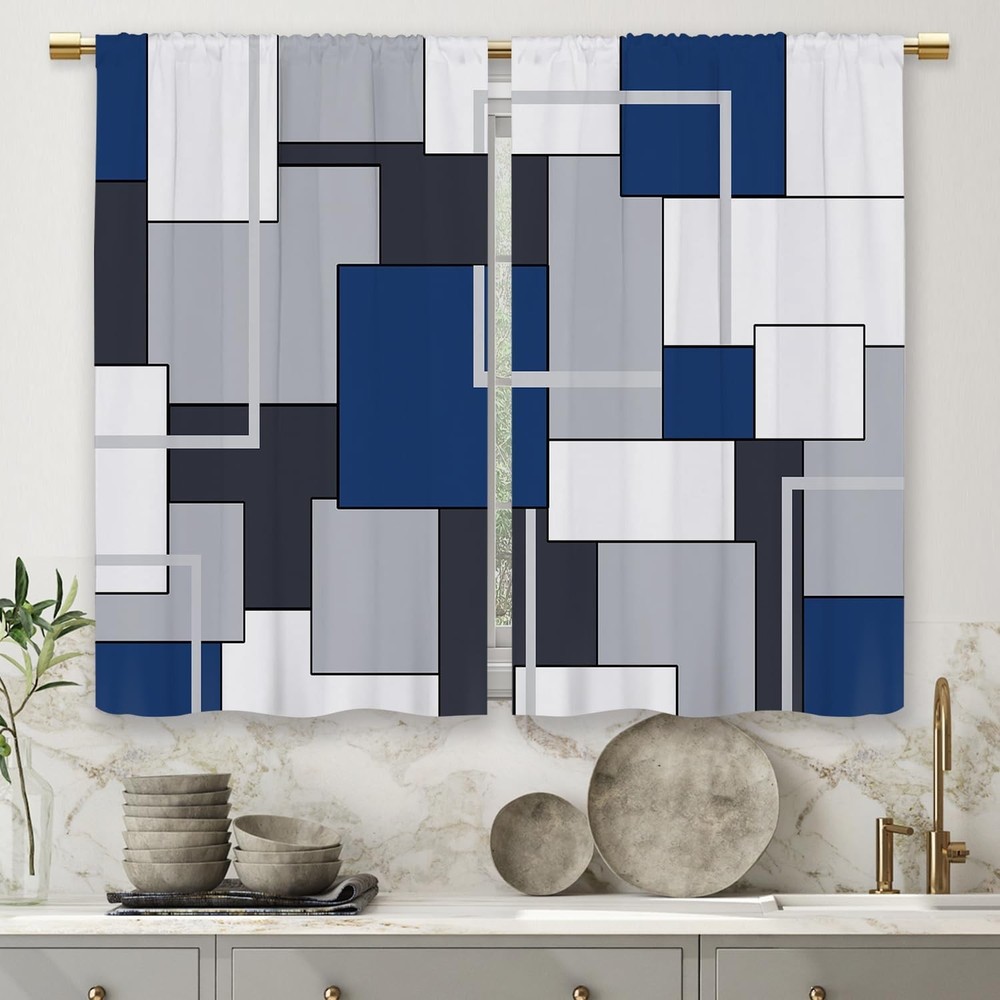 Navy Blue Geometric Kitchen Curtains - Modern Abstract Checkered Small Short Ca