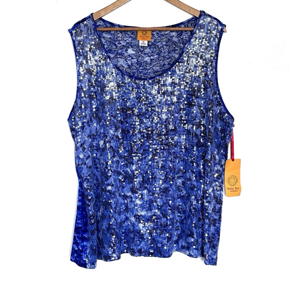 NWT Ruby Rd. Plus Shirt Women’s 3X Blue Leopard Sequins Sleeveless Pullover Top