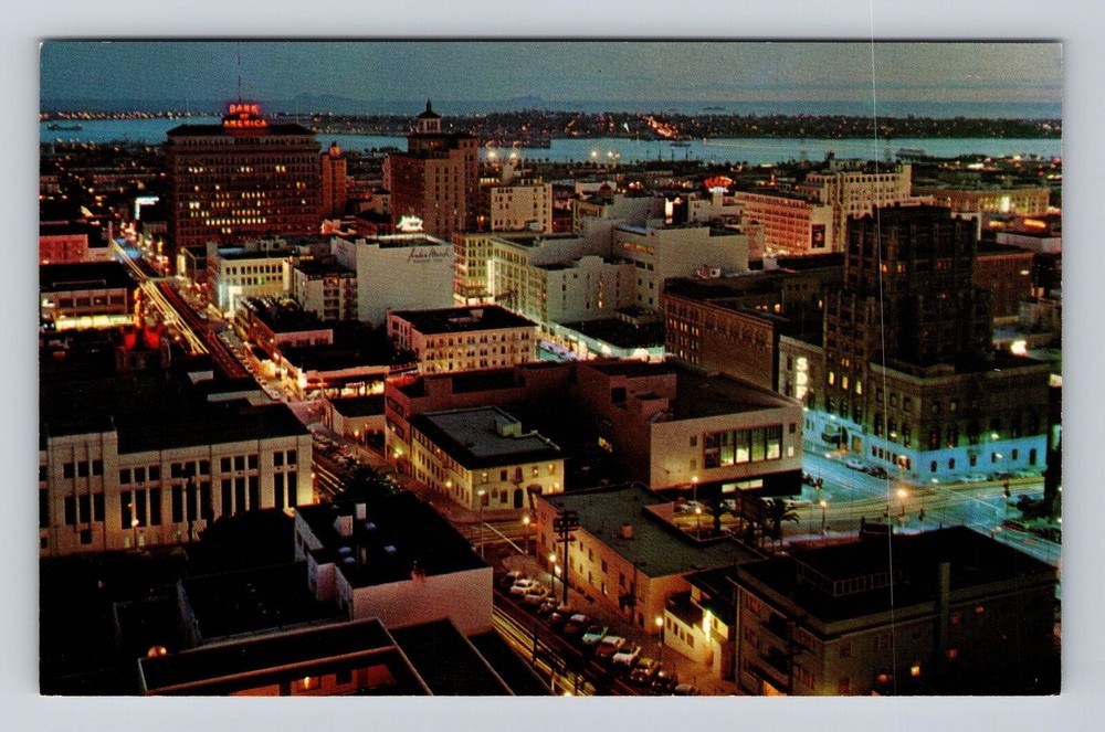 San Diego CA-California, Downtown San Diego At Night, Bay, Vintage Postcard
