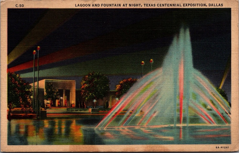 1936 Texas Centennial Exposition Dallas Lagoon Fountain Night Postcard Curt