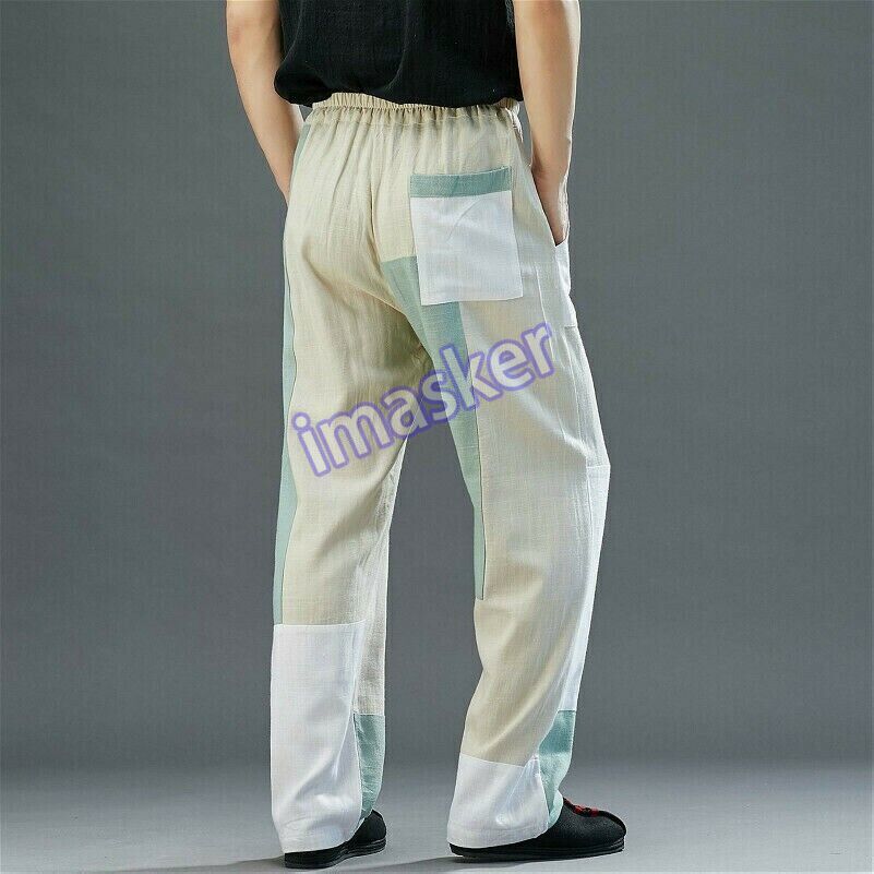Men's Cotton Linen Casual Pants with Elastic Waist & Straight Leg Design