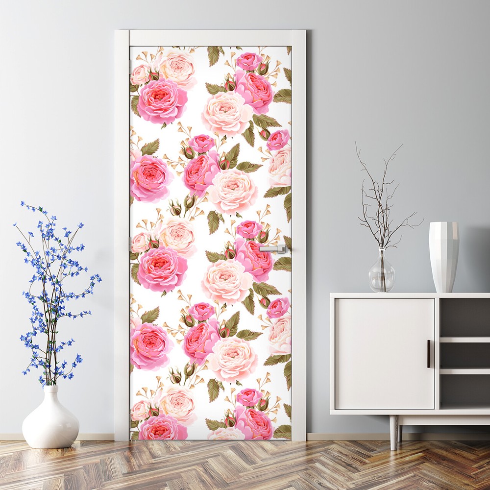 Cute small flowers Bubble Free Door sticker grey and pink Decal Decor design