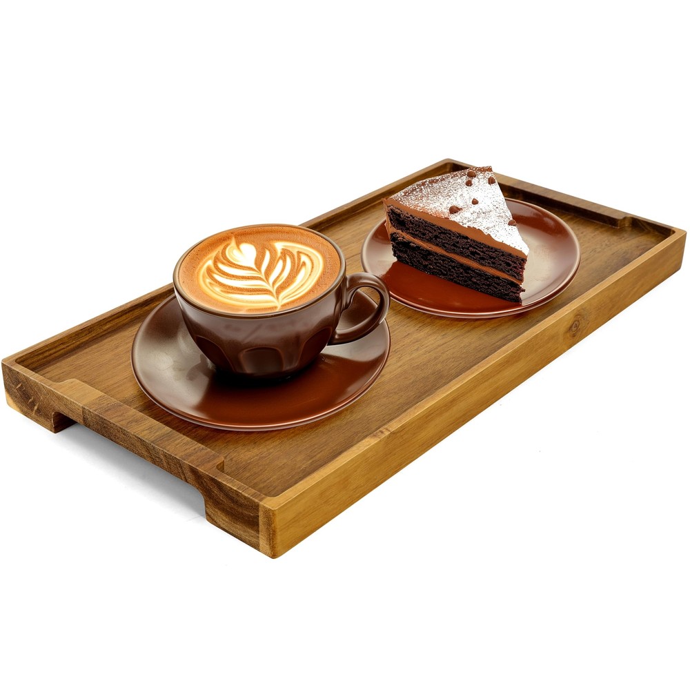 Acacia Wood Ottoman Serving Tray with Handles 14.5x7 Inches Coffee Table Tray-image