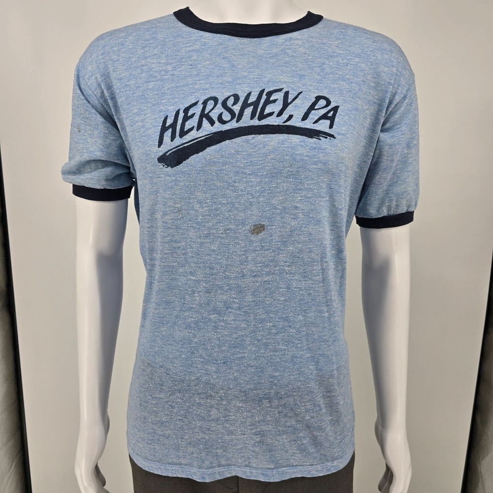 Vintage Late 1970s Early 1980s Hershey, PA Blue Heathered Ringer T-Shirt (L)