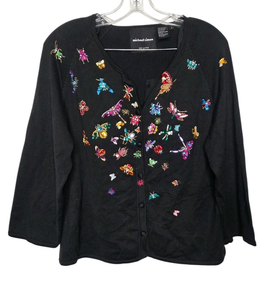 Michael Simon Black Embellished Bug Spun  Silk Cardigan