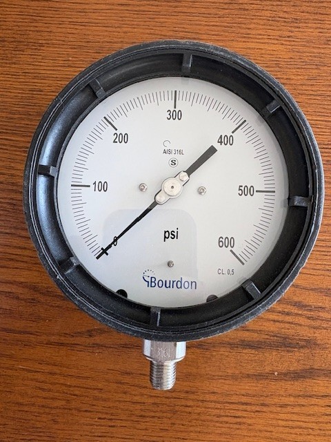 Bourdon brand pressure gauge.  0-600 PSI, 4.5