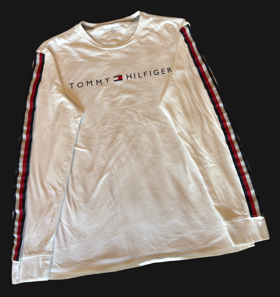Tommy Hilfiger Men's Large White Long Sleeve 100% Cotton Logo Tee Banner Stripes
