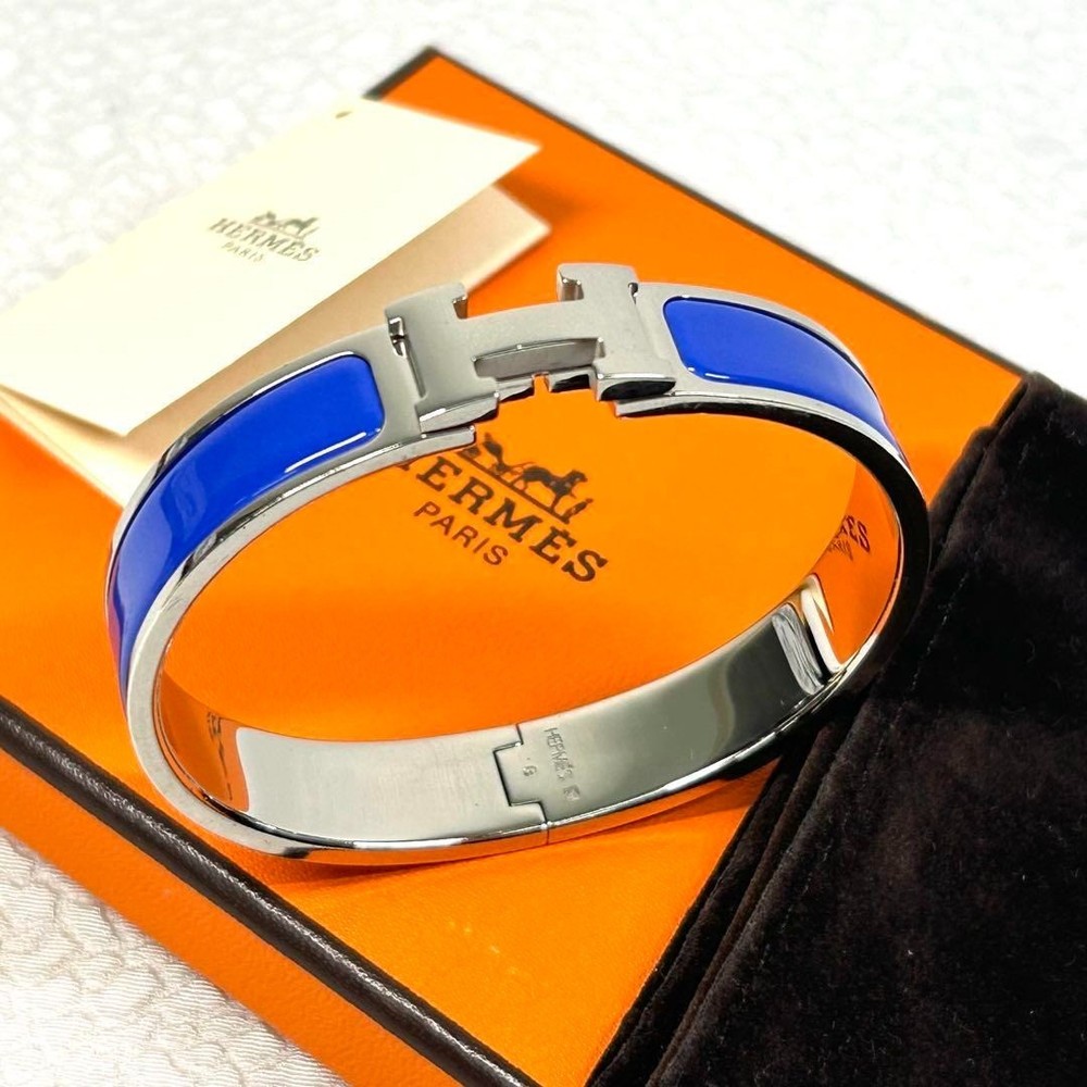 HERMES H Clic Clac Bracelet Silver Blue with Box