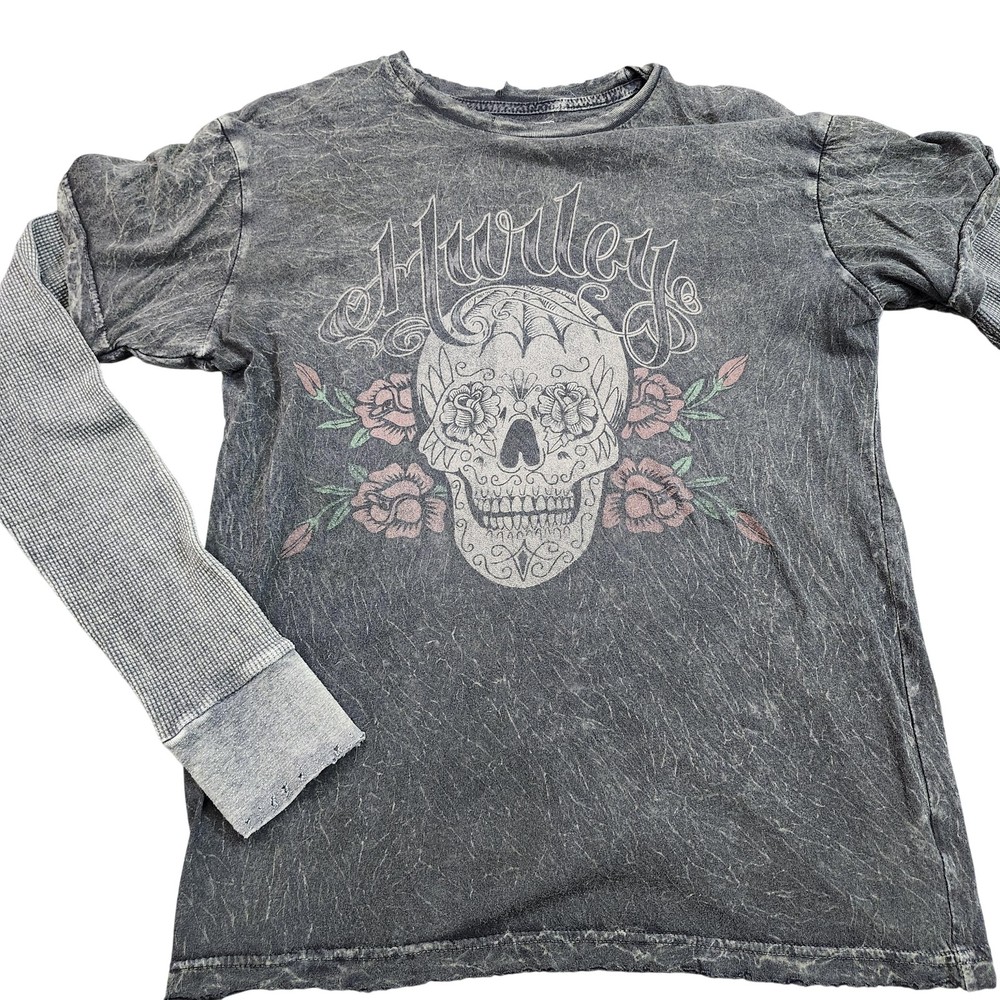 Hurley Shirt Womens S Gray Skull Rose Layered Long Sleeve Graphic Tee Top