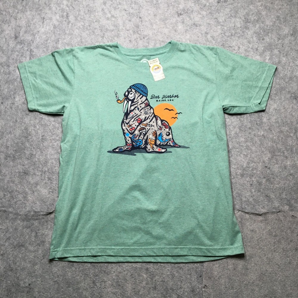 The Duck Company Shirt Mens L Green Bar Harbor Maine Walrus Beach Graphic Tee
