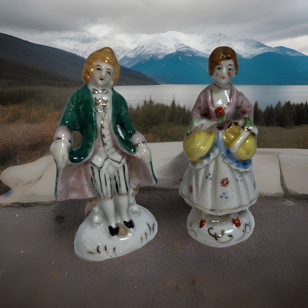 2 Vintage Porcelain Figurines Victorian Woman And Man Made in Occupied Japan