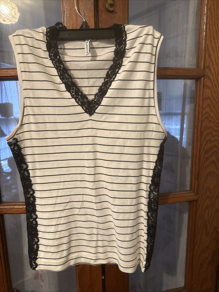 Anthropologie Charlotte Tarantola Women’s Top Stripes With Lace Size M