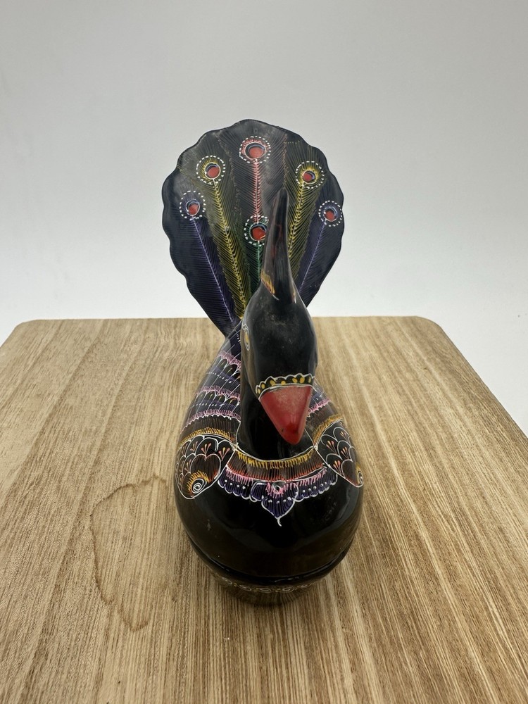 Handmade in Thailand Hand Painted Paper Mache Laquered Peacock Trinket Box w lid