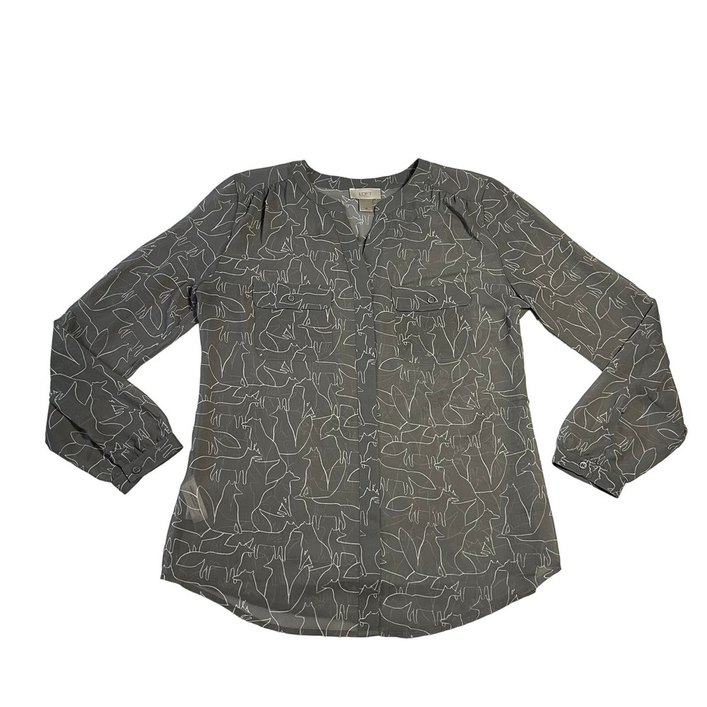 LOFT Split Neck Fox Print Semi Sheer Popover Blouse Size Medium Novelty Office