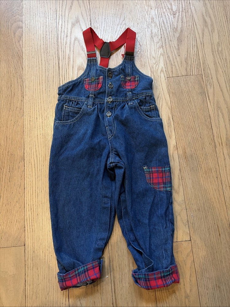 Vintage Y2k Denim Plaid Patch Overalls Toddler Boy Girl 3T Made In USA
