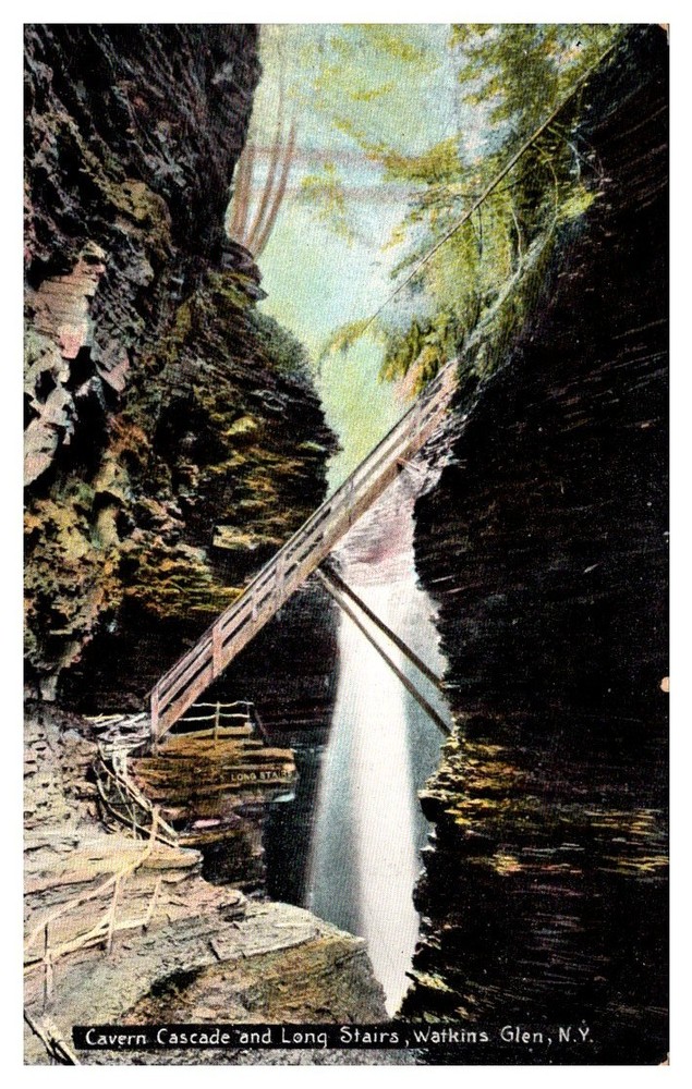 c1910 Cavern Cascade & Long Stairs Watkins Glen New York Vintage Postcard