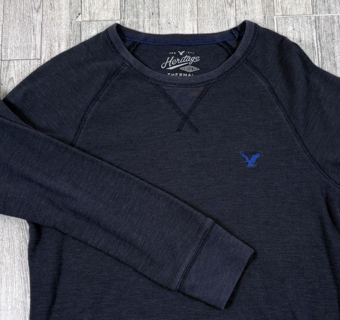 American Eagle Heritage Thermal Shirt Men Med Blue Y2K Henley Waffle Knit Grunge