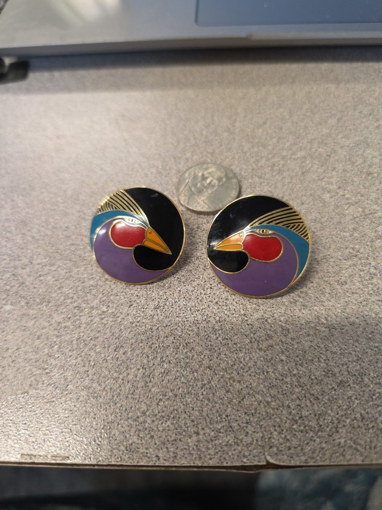 LAUREL BURCH Enamel EARRINGS Harlequin Bird