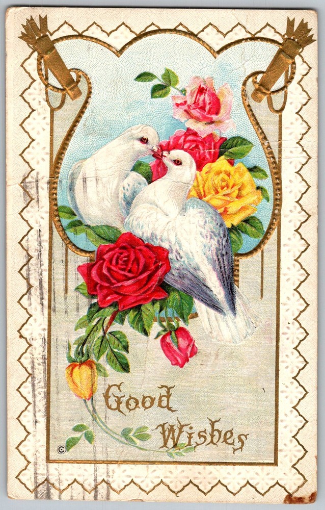 Antique Postcard Good Wishes Doves & 1910s