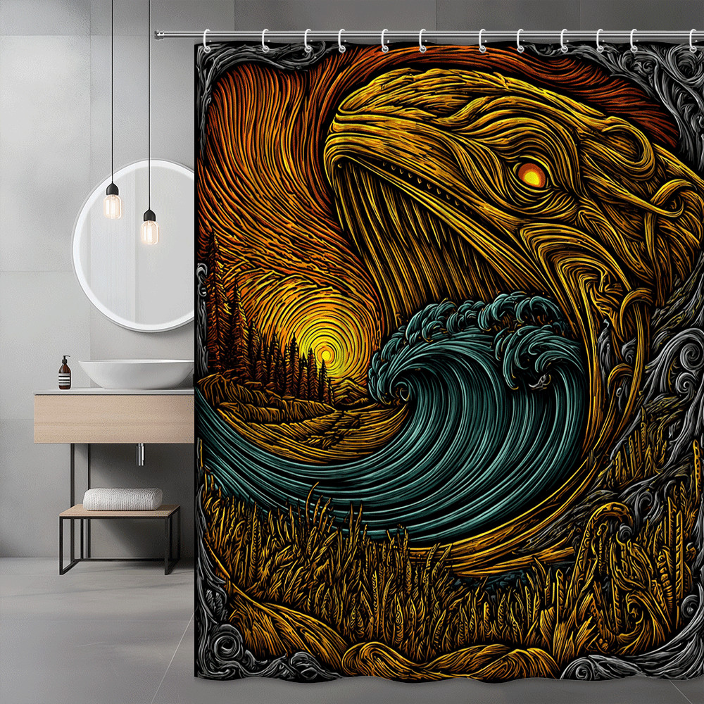 Ocean Wave Whale Art Shower Curtain, Sunset Nautical Print