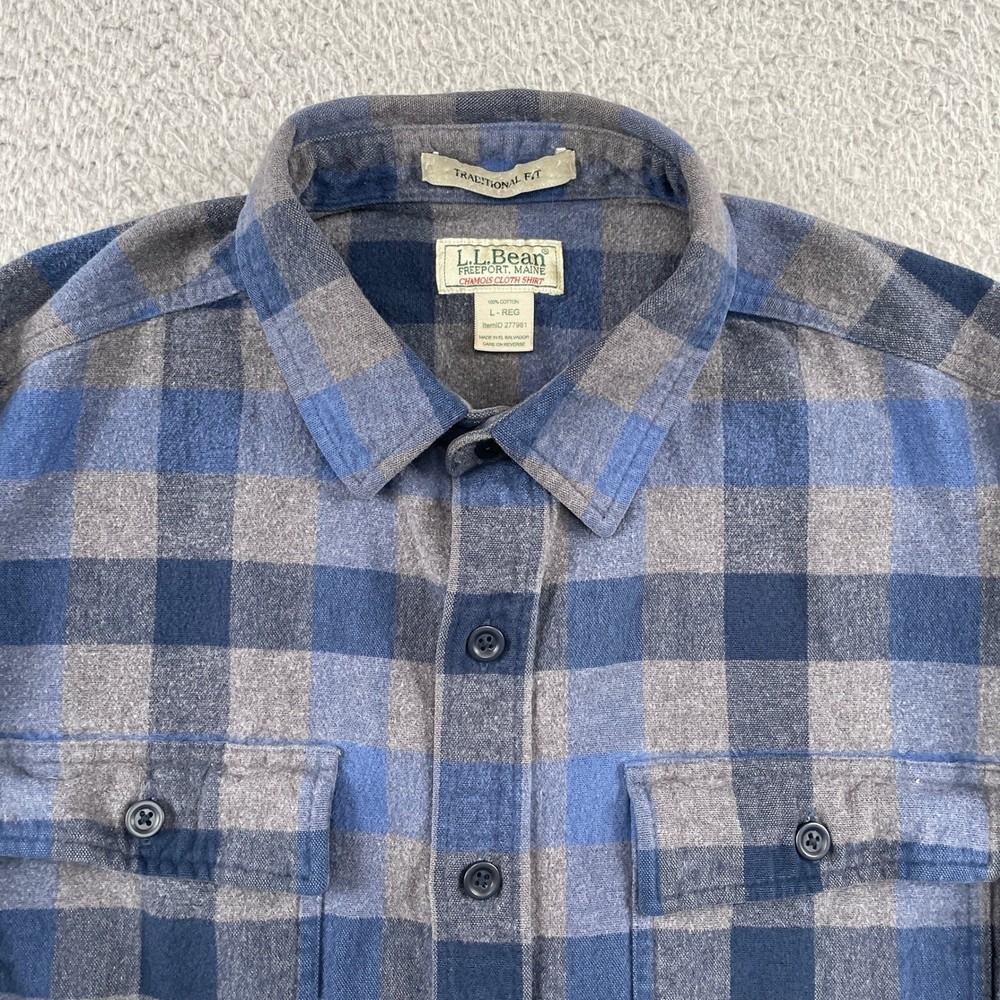 L.L. Bean Shirt Mens L Blue Chamois Cloth Shirt Traditional Fit Plaid Flannel