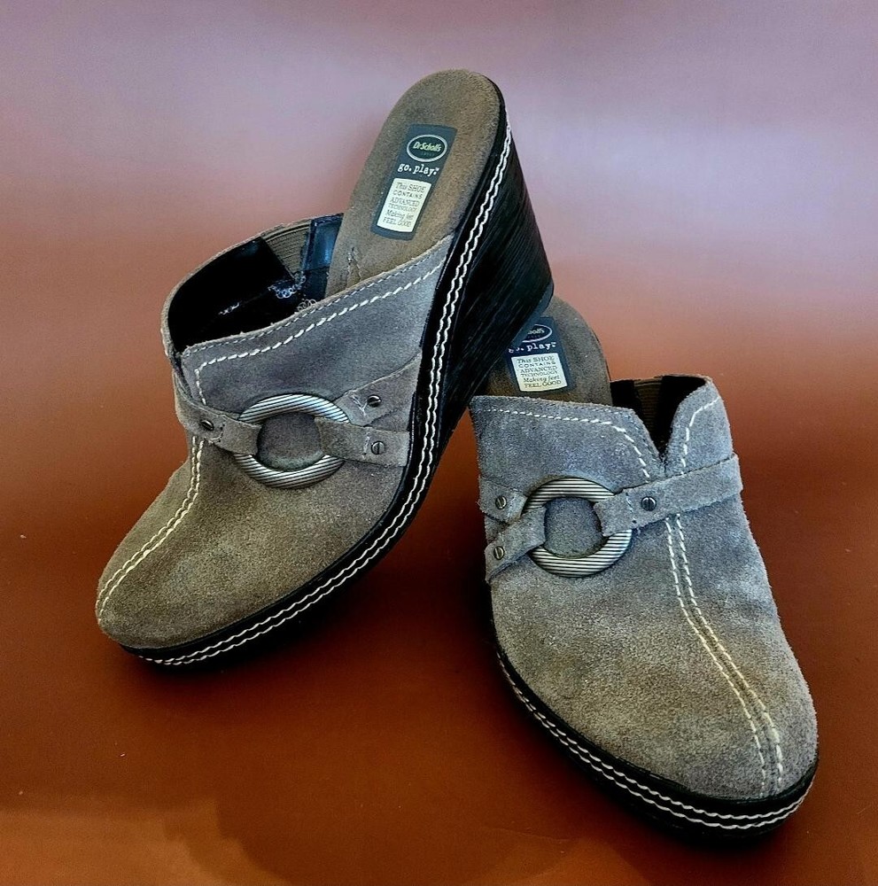 Dr. Scholls Burner Bohemian Taupe Leather Suede Slip On Wedge Clogs Size 7.5M