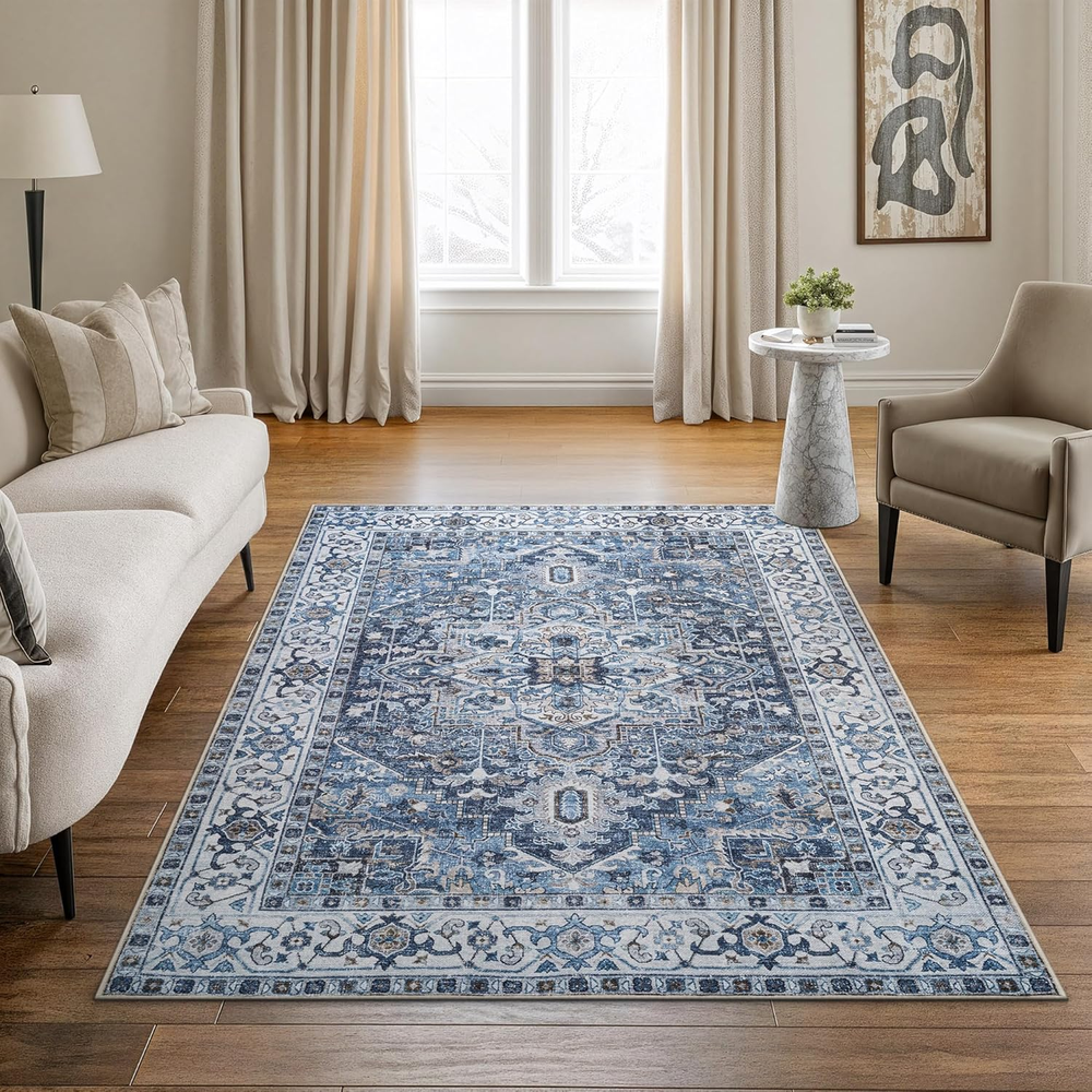 Caria Washable Non-Slip 5X7 Rug - Navy Blue Traditional Area Rug for Living Room