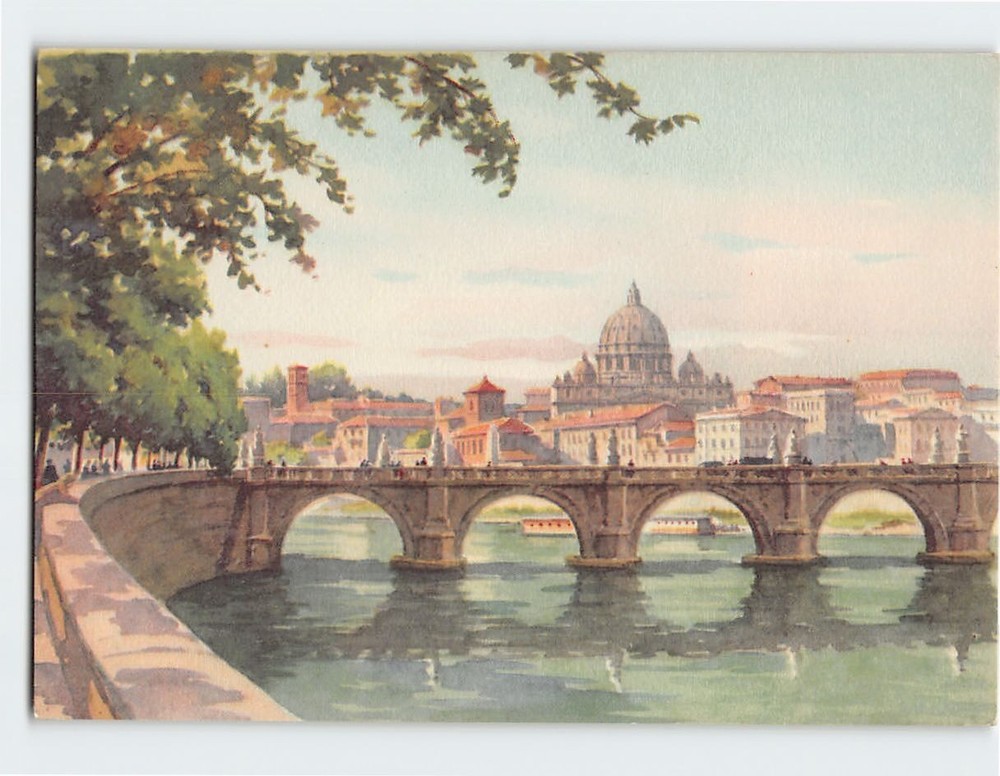 Postcard Lungotevere & St. Angel's Castle Bridge Rome Italy