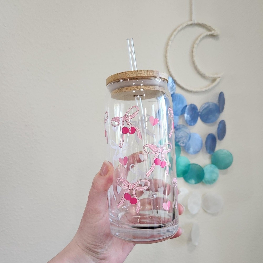 Coquette Pink Cherries & Bows 20 oz Glass Tumbler Cup Ribbon Coffee Matcha Tea
